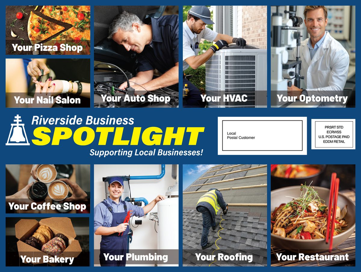 One side of the Riverside Business Spotlight mailer: a blue 9 by 12 mailer with ten photo ad spaces labeled Your Pizza Shop, Nail Salon, Auto Shop, HVAC, Optometry, Coffee Shop, Bakery, Plumbing, Roofing and Restaurant, arranged around the Spotlight logo.