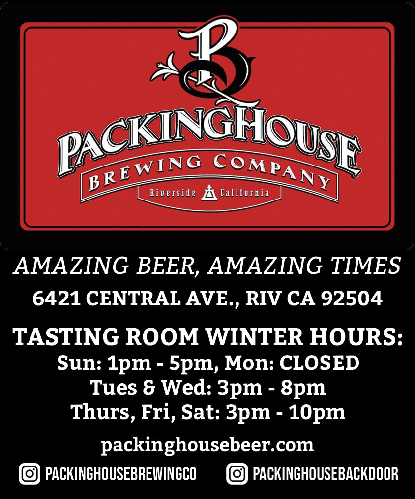Ad for Packinghouse Brewing Company with its red logo, tasting room hours and address