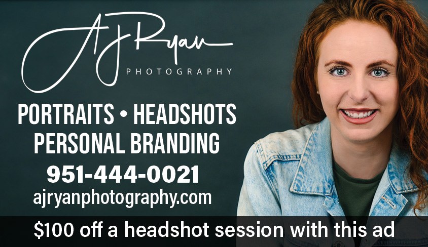 Ad for AJ Ryan Photography with a portrait of a smiling woman and the words portraits, headshots and personal branding