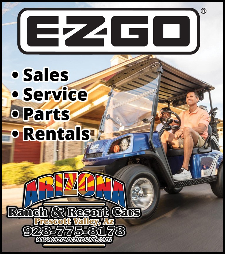 Ad for Arizona Ranch and Resort Cars showing an E-Z-GO golf cart, with sales, service, parts and rentals