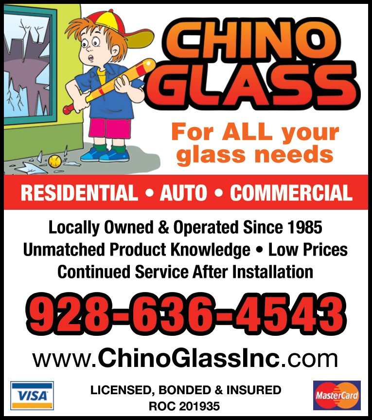 Ad for Chino Glass with a cartoon boy holding a bat beside a broken window, offering residential, auto and commercial glass