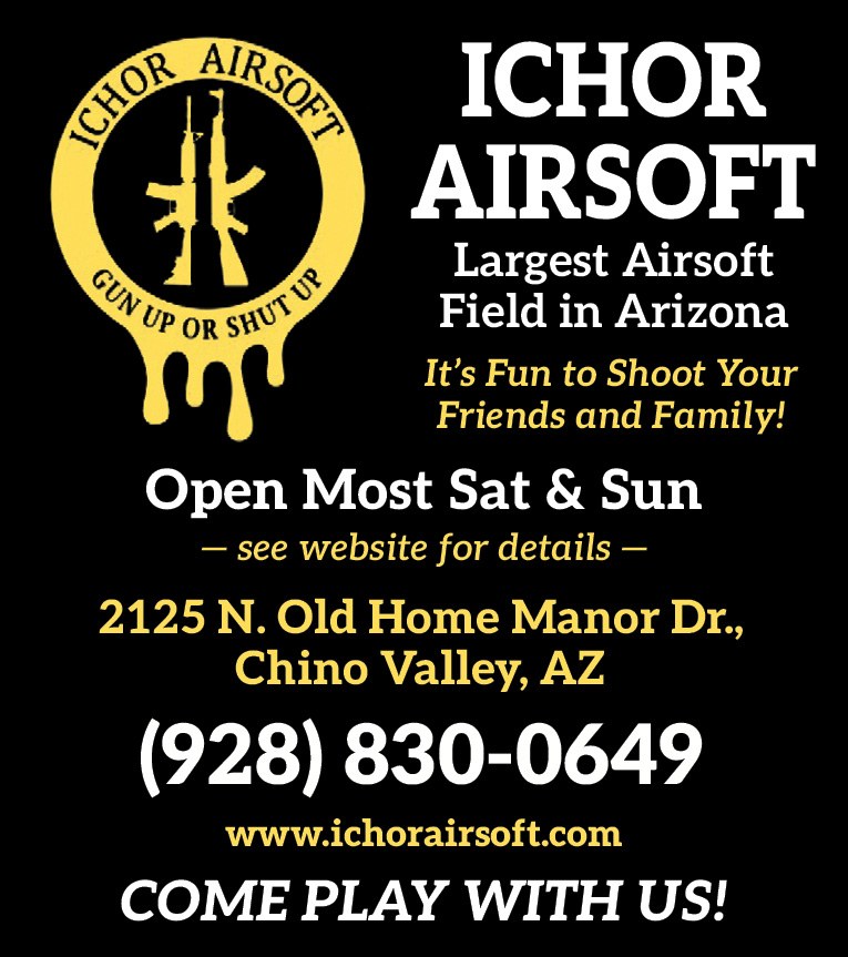 Ad for Ichor Airsoft with a yellow logo on a black background, plus hours, address and phone number
