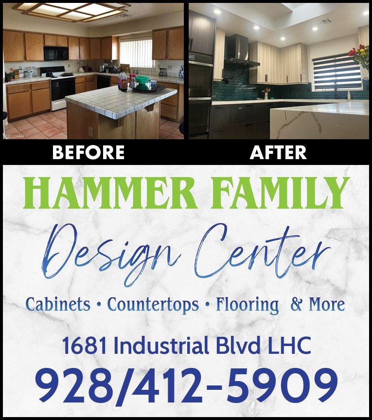 Ad for Hammer Family Design Center with before and after kitchen photos, offering cabinets, countertops and flooring